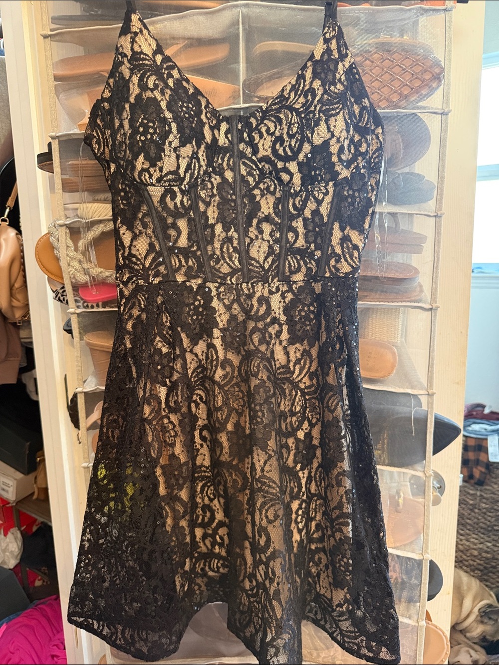 Emerald Sundae Black Lace Mini Dress with Nude Lining
